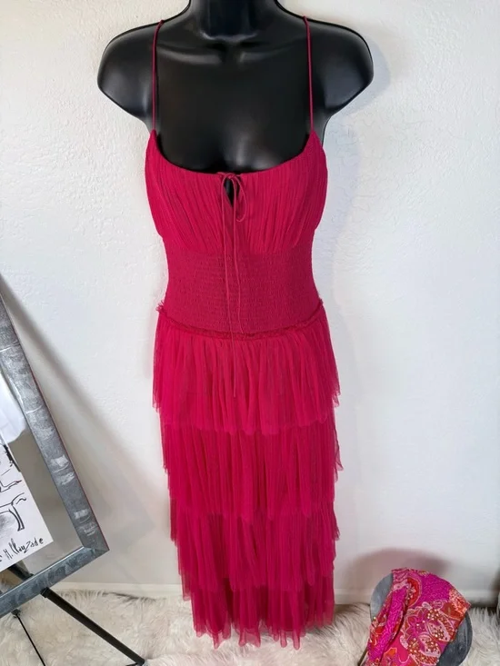 NWT ML Monique Lhuillier Tiered Tulle Maxi Dress Cherry Pink Size 8 - Picture 14 of 14